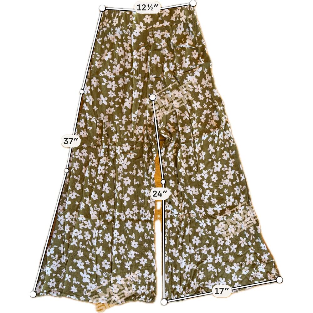 Kendall + Kylie Pants Womens Size S Olive Green White Floral Wide-Leg